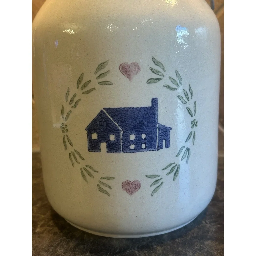 Vintage Country House Ceramic 9x6 Bail Jar W/ Glass Lid By Crock Shop Inc